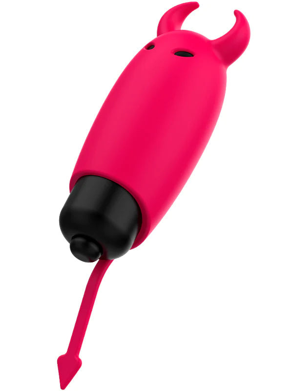 Sextoy da stimolazione esterna: vibratore bullet con copertura in silicone ipoallergenico a forma di diavoletto.