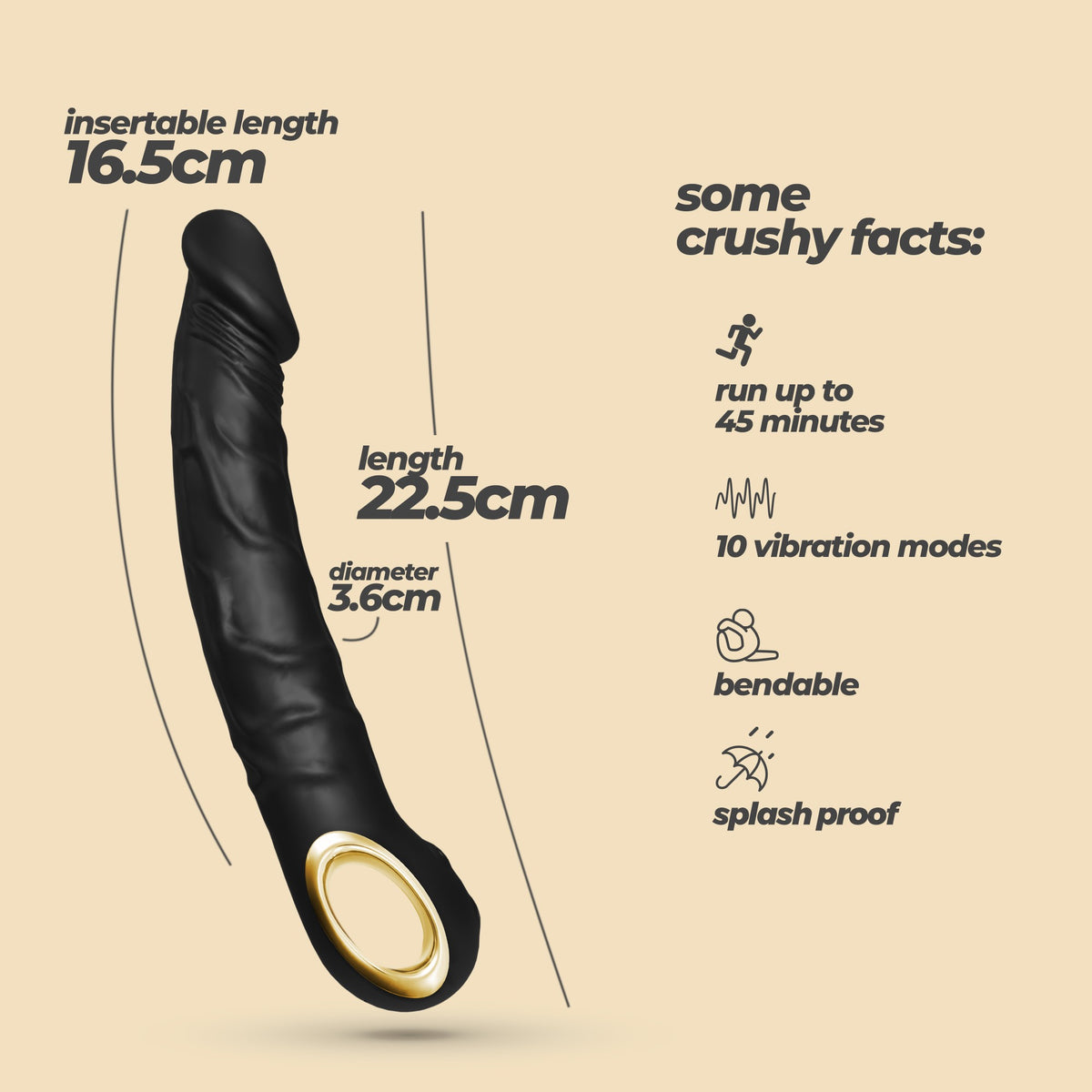 Vibratore a forma di dildo con 10 modalità di vibrazione: sextoy dalla texture iper realistica, impermeabile IPX6, Materiale: silicone/ABS. 