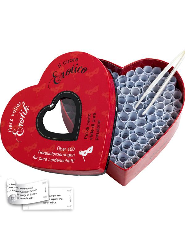 Cerchi qualcosa di nuovo e non sai cosa potrebbe piacerti? Scopri ogni sfumatura del tuo piacere con il nostro gioco erotico di coppia Cuore a Cuore: più di 100 sfide di pura passione…tutte da scoprire! 