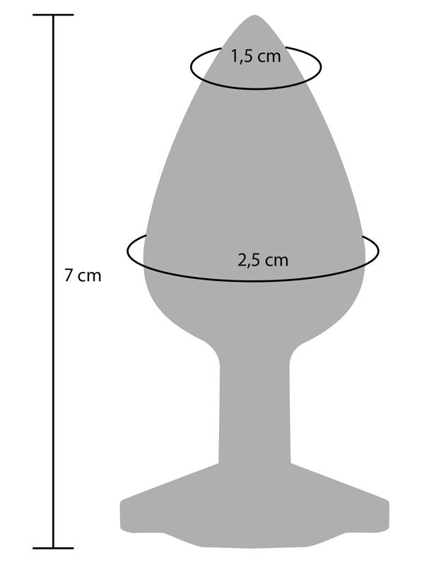 Il Plug Diamond Booty Jewel è disponibile in due taglie - La versione Small ha un diametro di 2.5 cm e una lunghezza di 7 cm, la versione Medium, con un diametro di 3.5 cm e una lunghezza di 8 cm, offre una sensazione piena e avvolgente.