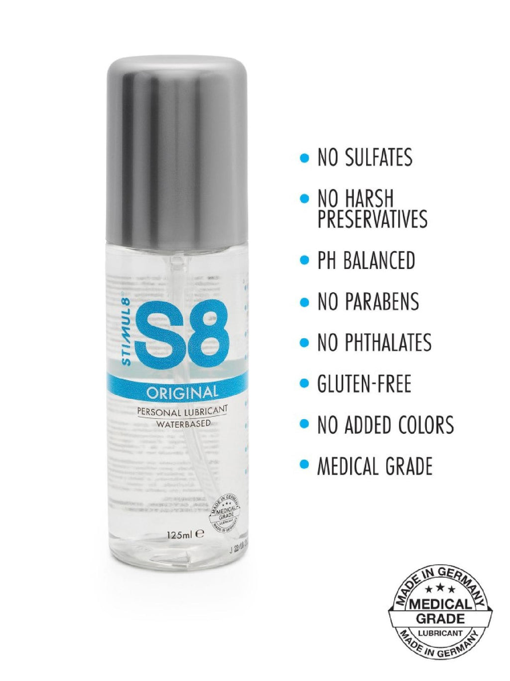 S8 Original è il lubrificante a base d’acqua pensato per chi ama le sensazioni fluide, pulite e senza complicazioni. La sua texture setosa assicura comfort e scorrevolezza durante ogni momento intimo, da solo o in compagnia. 