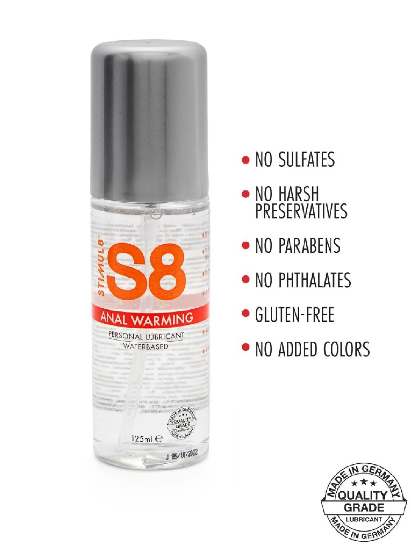 Il Lubrificante anale S8 Warming a base d’acqua unisce scorrevolezza impeccabile a un effetto riscaldante tutto da godere. Morbido al tatto e bollente nel risultato, è perfetto per accendere ogni momento d’intimità. 